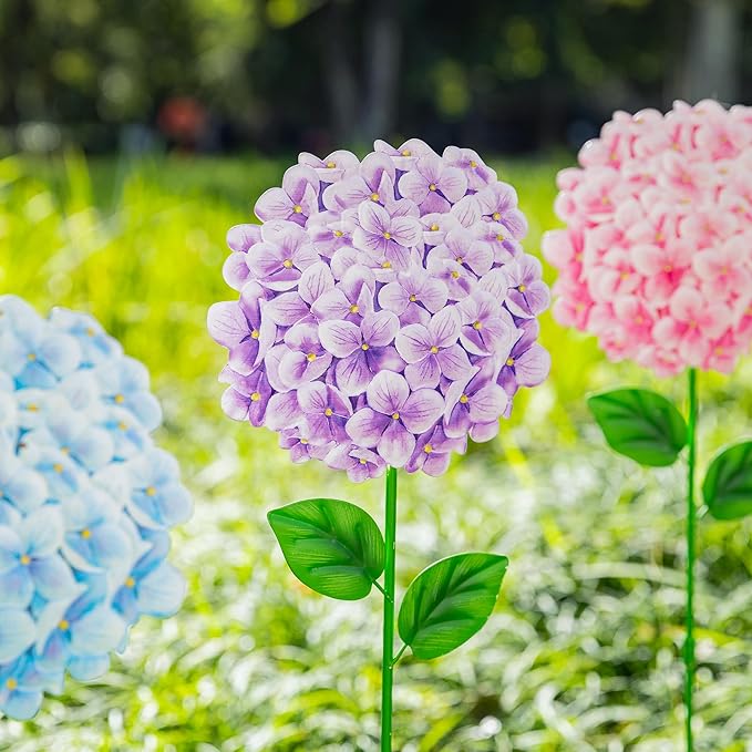 Glitzhome Set of 3 Hydrangea Garden Stakes, Metal Flower Yard Art with Hand Painted Color Finish and Detachable Stake, Iron Spring Lawn Patio Wall Decor, 24 "H