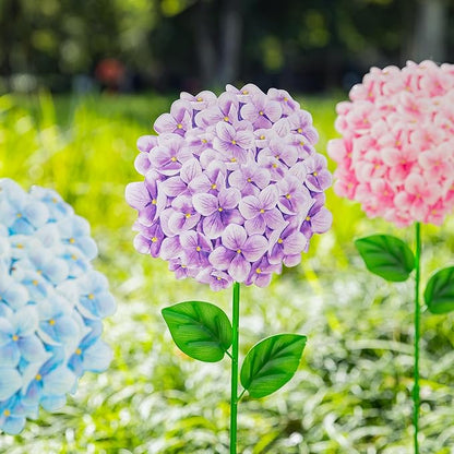 Glitzhome Set of 3 Hydrangea Garden Stakes, Metal Flower Yard Art with Hand Painted Color Finish and Detachable Stake, Iron Spring Lawn Patio Wall Decor, 24 "H