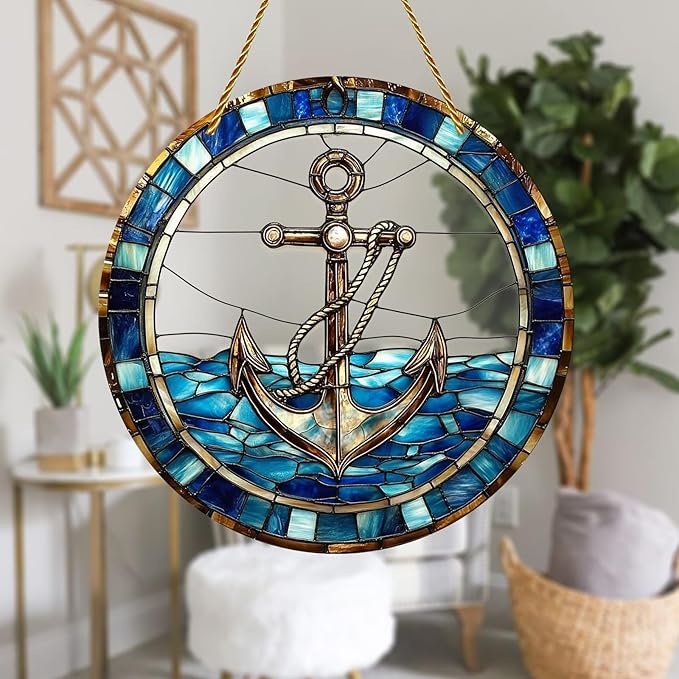 8x8 inch Charming Nautical Anchor Acrylic Stained Glass Window Hanging Sun Catcher Decor Stained Panel Hangings Wall Art Decor, for Friends and Family (Nautical)