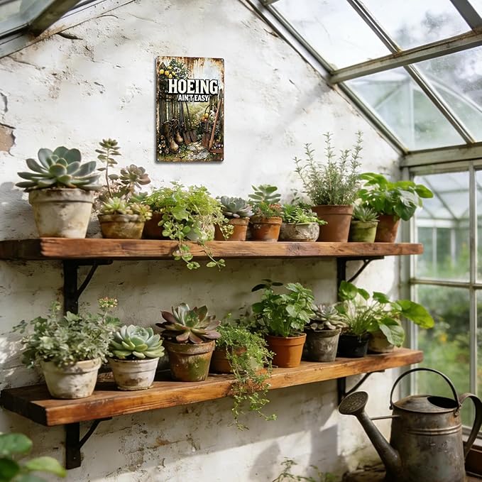 Garden Signs for Outside, Funny Metal Signs for Home Garden Patio Yard - Hoeing Ain't Easy, Vintage Gardening Gifts for Women, Wall Decor 12" x 8"