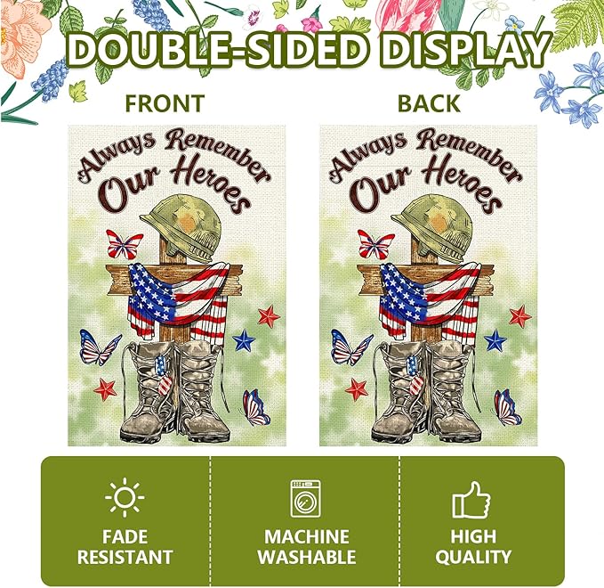 Memorial Day Garden Flag 12x18 Inch, Always Remember Our Heroes Double Sided Patriotic Flag for Yard Outdoor Decoration