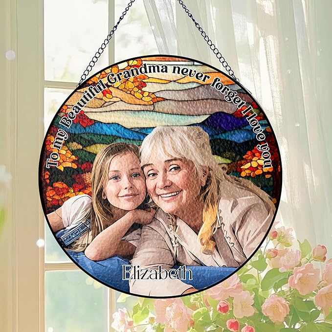 NAZENTI Personalized Stained Glass Window Hanging Gifts for Grandma, Custom Photo Family Window Hanging Ornament, Grandma and Grandkids Portrait Faux Stained Glass, Gifts for Mothers Day, Birthday