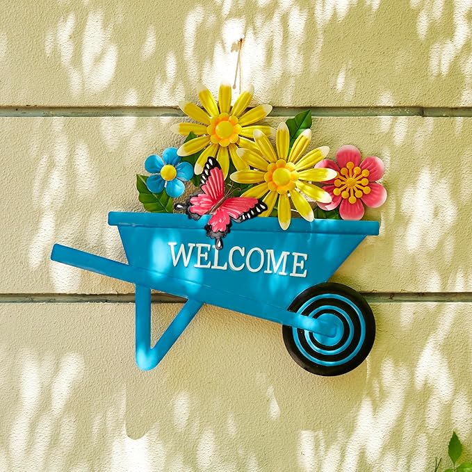Glitzhome Metal Garden Stake Decor, Spring Yard Art Cart with Lifelike Flower or Wall Decor, Flower Barrow Stake Yard Sign Garden Decor for Outside, 30” H