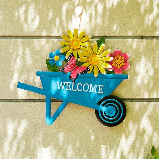 Glitzhome Metal Garden Stake Decor, Spring Yard Art Cart with Lifelike Flower or Wall Decor, Flower Barrow Stake Yard Sign Garden Decor for Outside, 30” H