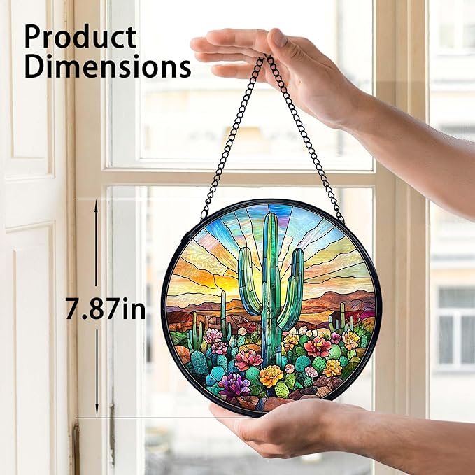 TNUW Western Cactus Stained Glass Window Hanging, Southwestern Desert Cactus Landscape Sun Catchers Indoor Window Glass Round Wall Art Decor, Western Wall Hanging Decorations, 7.9＂x7.9＂Suncatchers