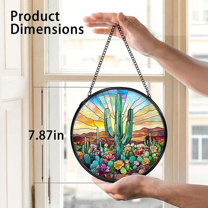 TNUW Western Cactus Stained Glass Window Hanging, Southwestern Desert Cactus Landscape Sun Catchers Indoor Window Glass Round Wall Art Decor, Western Wall Hanging Decorations, 7.9＂x7.9＂Suncatchers