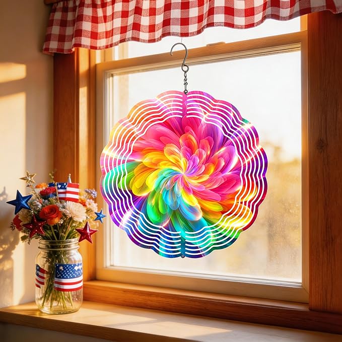 Wind Spinners Colorful Abstract Flower Art 9.8 x 9.8 Inch Metal Wind Spinner Outdoor Garden Yard Patio Decor Bright Rainbow Swirl Design Decorative Wind Spinners for Lawn Balcony