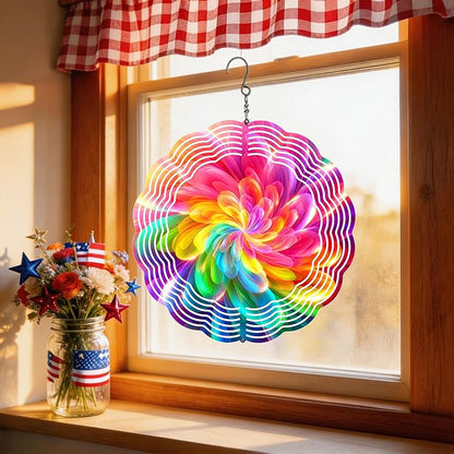 Wind Spinners Colorful Abstract Flower Art 9.8 x 9.8 Inch Metal Wind Spinner Outdoor Garden Yard Patio Decor Bright Rainbow Swirl Design Decorative Wind Spinners for Lawn Balcony