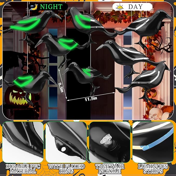 Ripeng 12 Pcs 11.5'' Halloween Inflatable Outdoor Decoration Large Halloween Crow Inflatable Hanging Ornament Realistic PVC Glow in The Dark Black Blow up Crow for Outside Indoor Yard Tree Party Decor