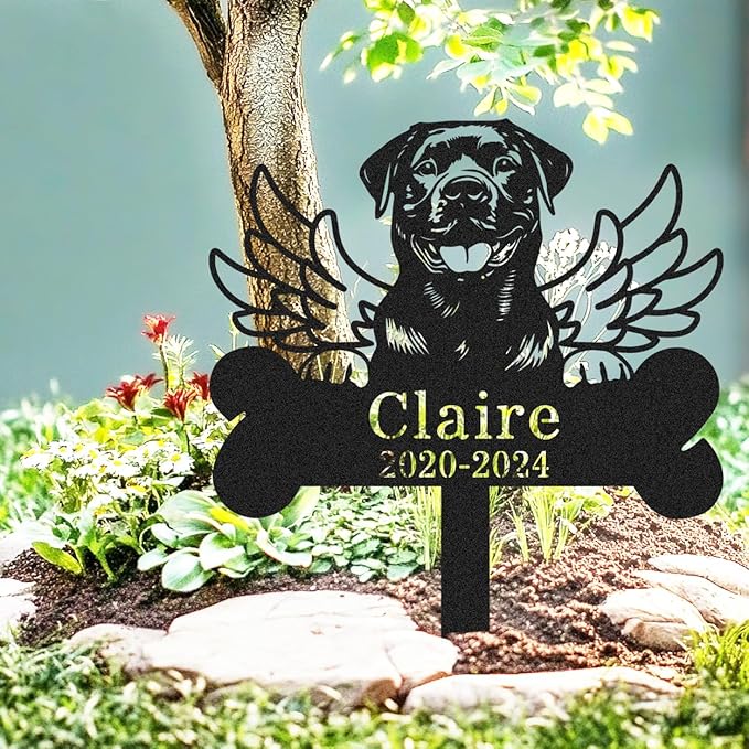 Personalized Rottweiler Dog Memorial Grave Marker Outdoor, Custom Metal Dog Grave Marker with Name & Year, Customized Pet Memorial Gifts for Loss of Dogs Rottweiler Burial Marker with Wings