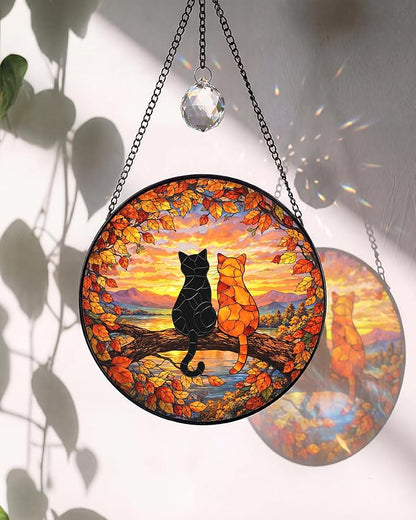 Stained Glass Window Hanging Sun Catcher 7.8 Inch, 2 Cats on a Tree Branch Suncatcher for Home Decor, Birthday Gifts for Women, Gifts for Cat Lovers (Cat Silhouette)