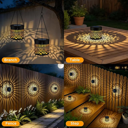 Forlivese 4 Pack Solar Powered Fence Lights, Metal Mandala Solar Lights Outdoor, LED Hanging Solar Lanterns Garden Decor for Yard, Porch, Backyard, Gifts for Mother Grandma, Warm White