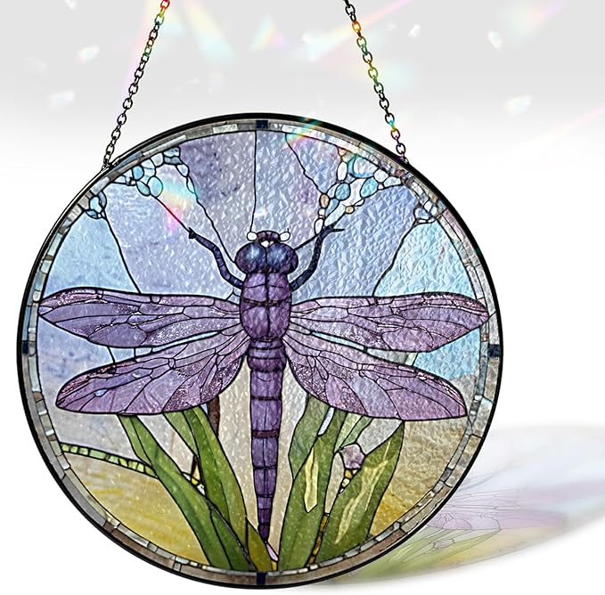 7.8" Dragonfly Stained Glass Suncatchers Art Glass Dragonflies for Sun Catcher Indoor Window Gifts for Pet Animal Nature Floral Lovers Women Grandma Mom Friend Painted Panel Décor BUG-07C-SG8