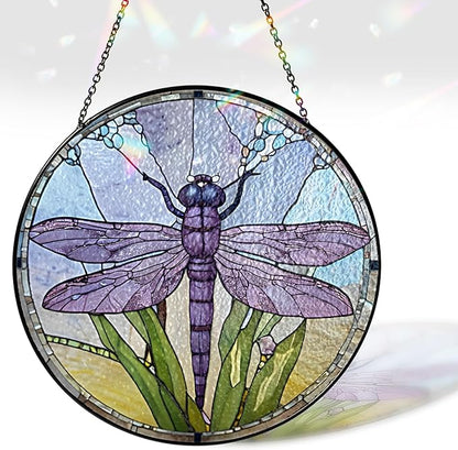 7.8" Dragonfly Stained Glass Suncatchers Art Glass Dragonflies for Sun Catcher Indoor Window Gifts for Pet Animal Nature Floral Lovers Women Grandma Mom Friend Painted Panel Décor BUG-07C-SG8