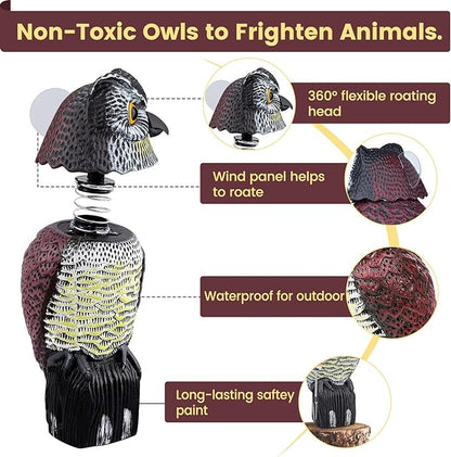 Fake Owl Decoys to Scare Birds Away, Waterproof 360° Rotating Head Hawks & Squirrel Deterrent, Garden Owl Decoy for Outdoor Yard Patio Pools