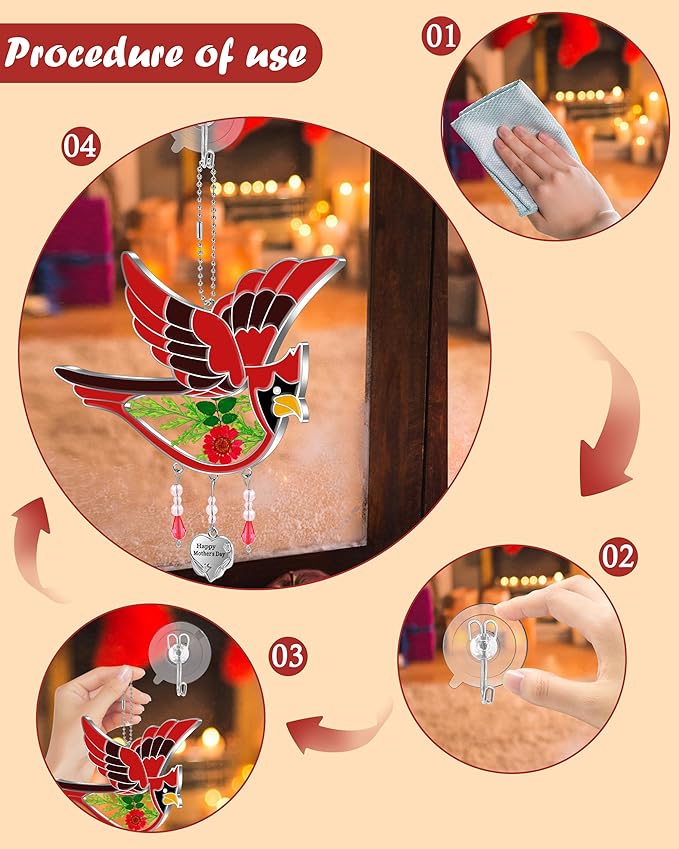 KY&BOSAM Stained Glass Cardinal Suncatcher Happy Mother`s Day Mom Gifts Had Painted Suncatchers for Windows Hanings Ornament with Pressed Real Flower and Heart Charm Gift for Women Mom Mother`s Day