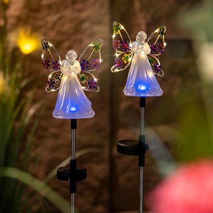 2 Pack Solar Angel Lights, Color Changing & Warm White Dual Glow, Solar Stake Lights with Flower Wings, Waterproof Outdoor Memorial Gifts for Cemetery Grave, Garden Patio Yard Decor for Mom Women