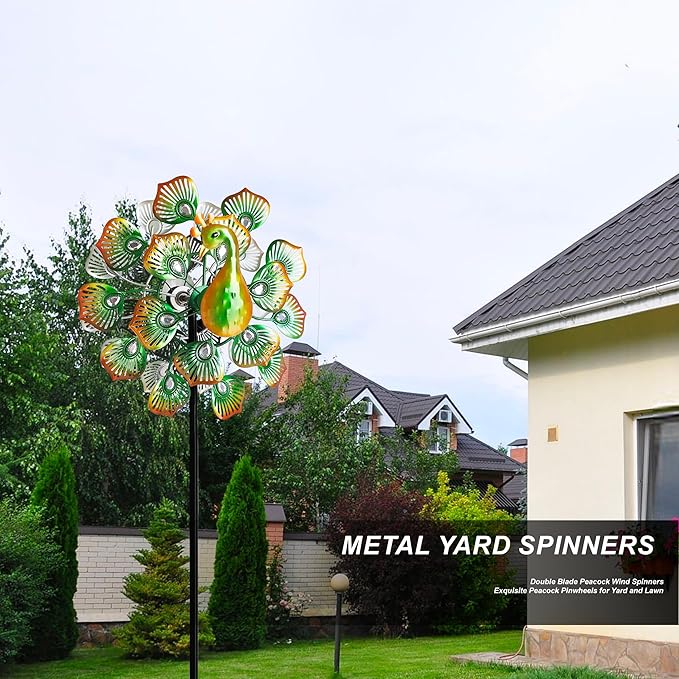 Outdoor Peacock Wind Spinners Featuring Glittering Gem Decor, 13.5" D x 65" H Kinetic Wind Sculptures, 360° Rotatable Metal Garden Wind Spinners for Yard and Outdoor Decor (Green)