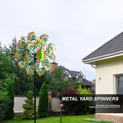 Outdoor Peacock Wind Spinners Featuring Glittering Gem Decor, 13.5" D x 65" H Kinetic Wind Sculptures, 360° Rotatable Metal Garden Wind Spinners for Yard and Outdoor Decor (Green)