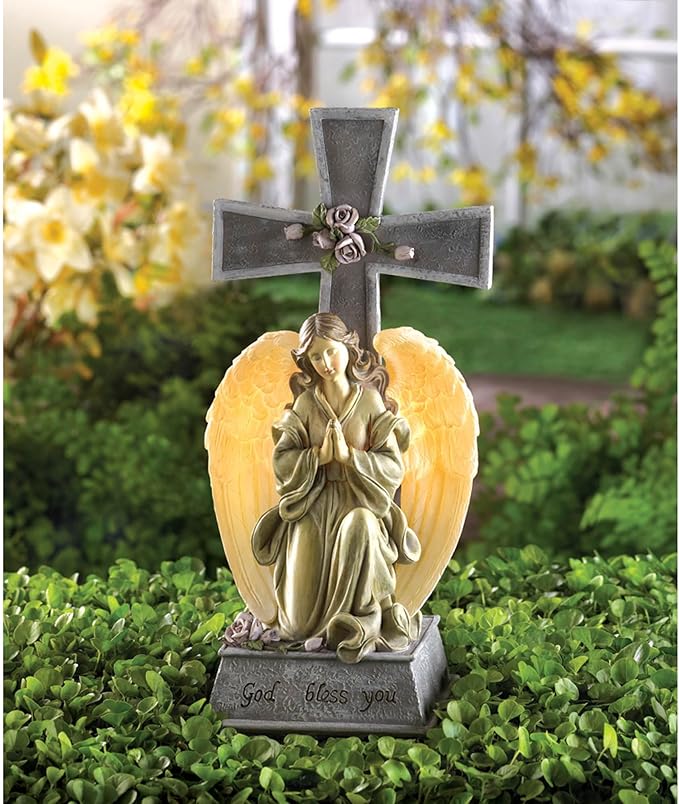 Gifts & Decor Faux Stone Look Blessed Cross Angel Garden Solar Light