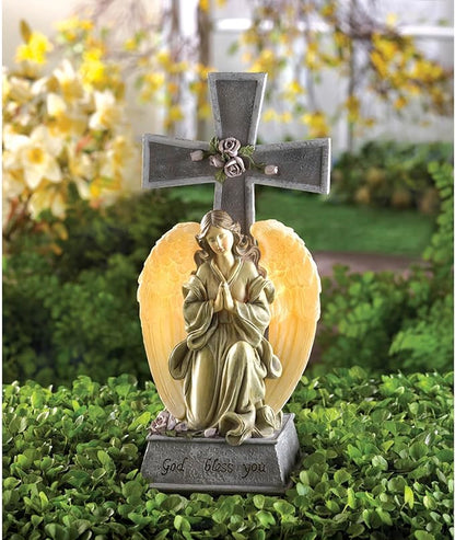 Gifts & Decor Faux Stone Look Blessed Cross Angel Garden Solar Light
