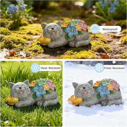 Solar Garden Outdoor Statues Cat with Succulent and 7 LED Lights -Waterproof Animal Lawn Decor Statue for Patio, Balcony, Yard Ornament for Mom Grandma Women