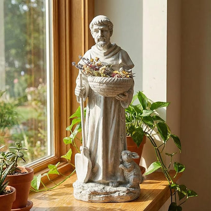 St Francis Garden Yard Decor Statues 28.74 Inch Saint Francis of Assisi Catholic Christian Lawn Patio Outdoor Sculptures Magnesium Oxide Stone Art Decorations，Dark Grey