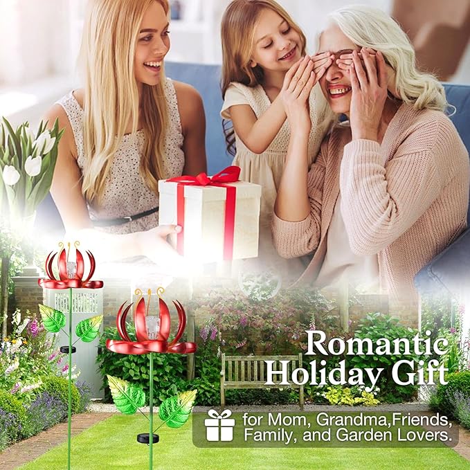 Solar Yard Lights Wind Spinners- Metal Lotus Flower Garden Decor LED Crackle Glass Globe Yard Art Sculpture Solar Stake Lights for Patio Pathway Lawn Walkway (Red-Large)