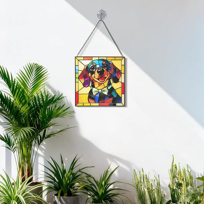 Hanging Stained Glass Dog Suncatcher for Window, Sun Catchers for Outdoor Decoration, Dachshund Garden Decor, Gifts for Women, Lovers, Couple, Friend, Bestie