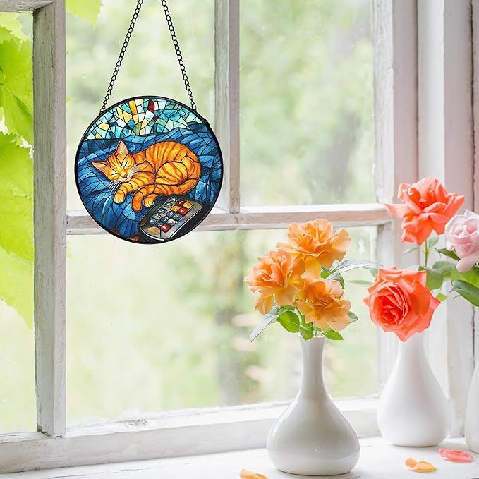 Orange Cat Stained Glass Window Hanging, Sleeping Cat Sun Catchers Indoor Window Round Glass Wall Art Decor, Kitten Suncatcher Wall Hanging Decorations, Lawn Care