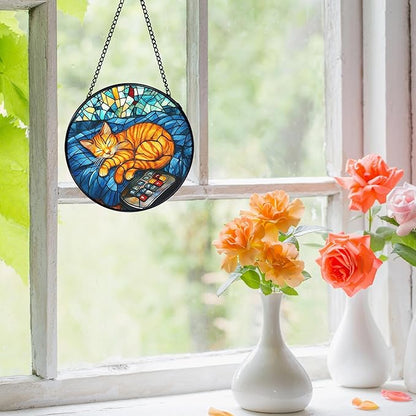 Orange Cat Stained Glass Window Hanging, Sleeping Cat Sun Catchers Indoor Window Round Glass Wall Art Decor, Kitten Suncatcher Wall Hanging Decorations, Lawn Care