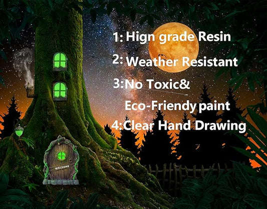 Resin Miniature Fairy Gnome Home Windows and Welcome Door with Fairy Lantern,Glow in Dark Art Sculpture for Trees Outdoor Indoor Garden Yard Wall Decorations