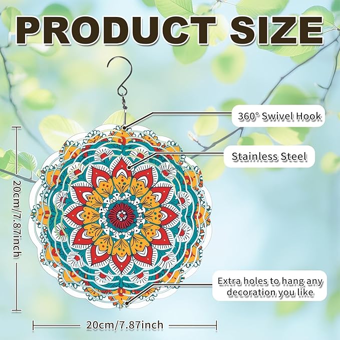 Wind Spinners Outdoor, Hanging Wind Spinner for Garden Decoration, 8 inch 3D Stainless Steel Metal Wind Sculpture for Indoor/Outdoor Decor, Mandala G