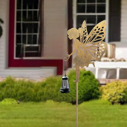 Solar Fairy Garden Decor, Metal Running Fairy Statues Stakes, Outdoor Waterproof Garden Ornament for Patio, Lawn, Yard, Housewarming Gift for Gardening Mom Grandma