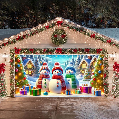 HOMETITUTE Christmas Garage Door Banner 13x6ft Snowman Winter Village Scene Holiday Backdrop Gift Box Snow Night Indoor Outdoor Wall Hanging Seasonal Party Decoration Festive Entry Porch