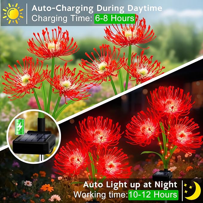 Solar Garden Flower Lights Outdoor, 6 Pack Red Spider Lily with Glowing Stems, Waterproof LED Yard Lawn Pathway Decor, Elegant Patio Garden Decoration, for Mom, Grandma, Women