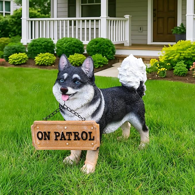 Japanese Akita Porch Guardian with Solar Lantern & Double-Sided Sign, Standing Black Akita Statue for Entryway, Steps, Garden Gate & Patio Décor
