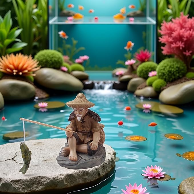 Mini Fisherman Figurines Resin Sitting Fishing Men, Garden Statue Ornament Fish Tank Micro Landscape Decor Garden Sculptures and Statues, Decorations