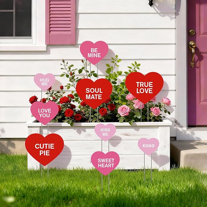 KEOHOLI 9 Pcs Valentine Yard Sign Valentine's Day Yard Stake with Conversation Heart Valentines Garden Stake Valentines Day Outdoor Decorations for Pathway Wedding Lawn