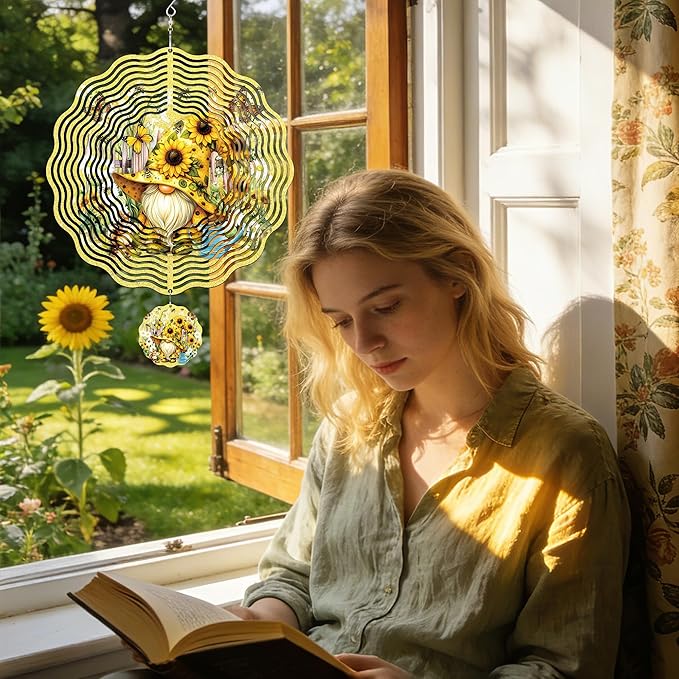 Metal Wind Spinners Outdoor - 3D Kinetic Art Hanging Ornaments Sunflower Gnome Wind Spinner Patio Lawn Garden Yard Balcony Indoor Home Decor Gnomes Gifts for Women Mom Grandma Wife Friends