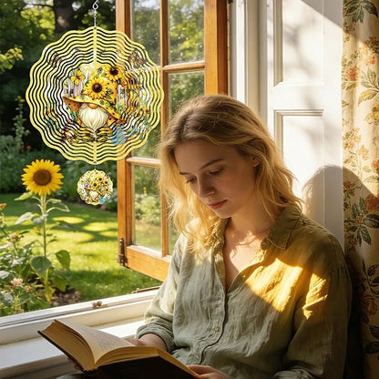 Metal Wind Spinners Outdoor - 3D Kinetic Art Hanging Ornaments Sunflower Gnome Wind Spinner Patio Lawn Garden Yard Balcony Indoor Home Decor Gnomes Gifts for Women Mom Grandma Wife Friends