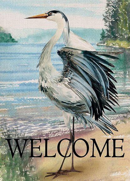 Furiaz Welcome Spring Summer Seabird Coastal Beach Small Decorative Garden Flag, Blue Heron Yard Bird Sea Lake Ocean Home Outside Decoration, Nautical Tropical Outdoor Decor Double Sided 12x18