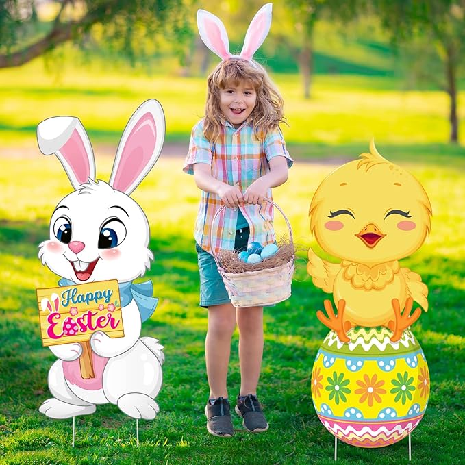 Capoda 2 Pack Easter Decorations Outdoor Yard Signs Bunnies 32.2 x 12.9 Inch Easter Eggs Yard Stake with H Stands for Holiday Party Spring Patio Lawn Garden Decor(Chick, Rabbit Style)
