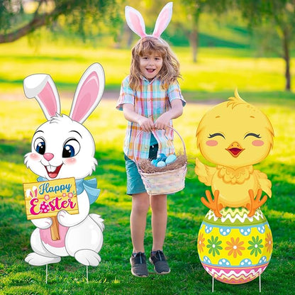 Capoda 2 Pack Easter Decorations Outdoor Yard Signs Bunnies 32.2 x 12.9 Inch Easter Eggs Yard Stake with H Stands for Holiday Party Spring Patio Lawn Garden Decor(Chick, Rabbit Style)