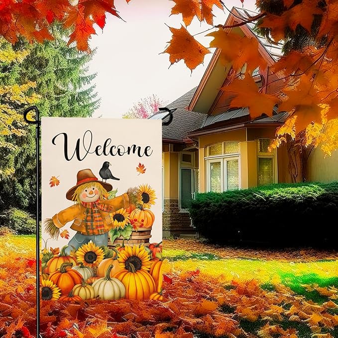 Fall Scarecrow Garden Flag Welcome Pumpkin Yard Flag Auttumn Suflower Bird Maple Leaves Garden Flags Thanksgiving Seasonal Farmhouse Rustic House Banner for Outside Patio Decor 12 x 18 Inch