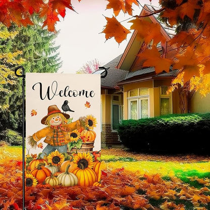 Fall Scarecrow Garden Flag Welcome Pumpkin Yard Flag Auttumn Suflower Bird Maple Leaves Garden Flags Thanksgiving Seasonal Farmhouse Rustic House Banner for Outside Patio Decor 12 x 18 Inch