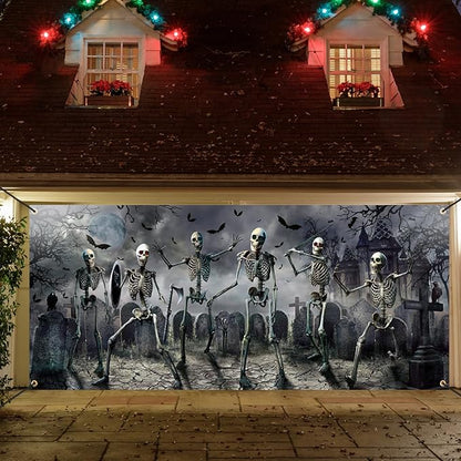 Panelee Halloween Garage Door Decoration 7x16ft Large Horror Backdrop Banner Horror Halloween Garage Door Cover with Bat Cemetery for Home Yard Scary Theme Party Outdoor Wall Decoration (Skeleton)