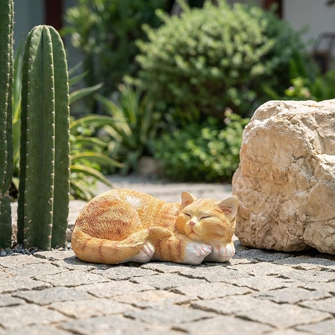 Garden Decor Cat Statue Outdoor Statue, Cat Figurines Garden Statues & Sculpture Decoration, Sleeping Cat Statue Decor for Patio, Porch and Lawn, Cat Gifts for Cat Lover and Women, Cat Memorial Stone