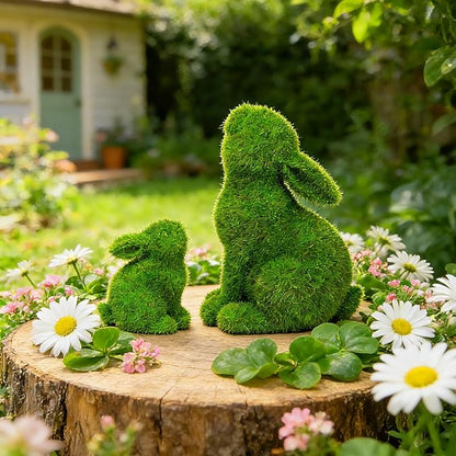 Resin Flocked Bunny Figurines Set of 2,Moss Bunnies for Outdoor Decor,Small Rabbit Statues for Garden Decor,Yard Decorations Outdoor Patio Decor, Gardening Gifts for Women