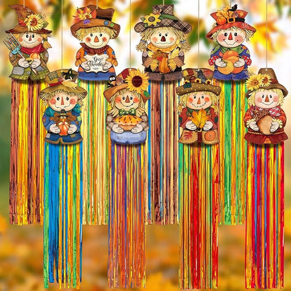 DoubleFill 8 Pcs Thanksgiving Scarecrow Outdoor Hanging Decorations with Tassels Fall Scarecrow Decor Autumn Harvest Yard Signs for Farmhouse Festival 3.3 ft Home Lawn Yard Party Supplies Garden Decor